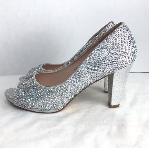Silver Jeweled Chunky Heels Size 6.5 Wedding Bridal Bling De Blossom Fay 3 - Picture 5 of 8